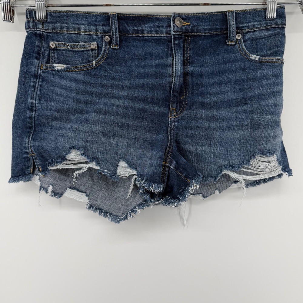 Aerie Denim Shorts Womens Large Blue Distressed Cutoff Raw Hem elastice waist